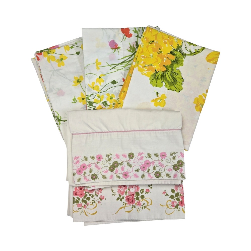 Vintage 60s 70s Floral Pillowcase Set Lot 5 Mixed Patterns Cotton Fieldcrest DIY
